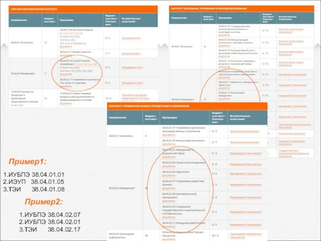 Пример1: ИУБПЭ 38.04.01.01 ИЭУП 38.04.01.05 ТЭИ 38.04.01.08 Пример2: ИУБПЭ 38.04.02.07 ИУБПЭ 38.04.02.01 ТЭИ 38.04.02.17