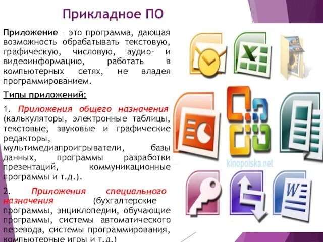 Прикладное ПО Приложение – это программа, дающая возможность обрабатывать текстовую, графическую,