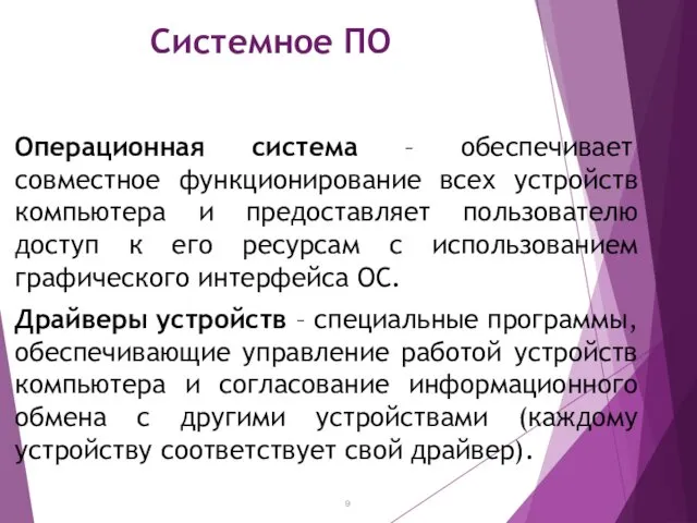 Системное ПО Операционная система – обеспечивает совместное функционирование всех устройств компьютера