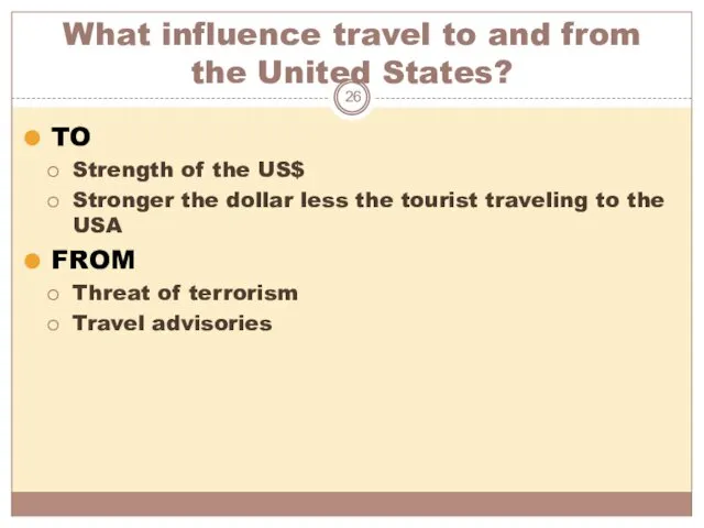 What influence travel to and from the United States? TO Strength