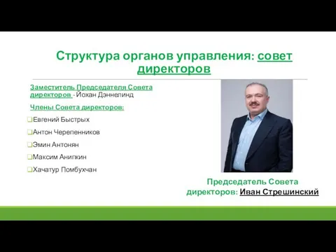 Структура органов управления: совет директоров Заместитель Председателя Совета директоров - Йохан