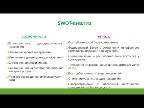 SWOT-анализ ВОЗМОЖНОСТИ Благоприятные демографические изменения Снижение уровня конкуренции Увеличение уровня доходов