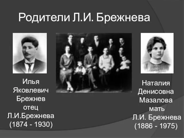 Родители Л.И. Брежнева Илья Яковлевич Брежнев отец Л.И.Брежнева (1874 - 1930)