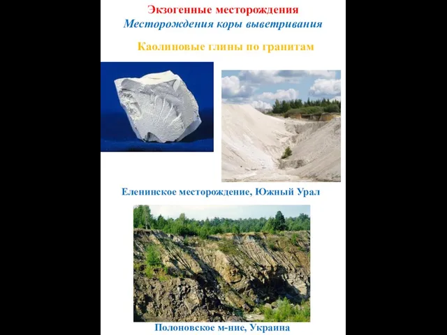 Полоновское м-ние, Украина Экзогенные месторождения Месторождения коры выветривания Каолиновые глины по гранитам Еленинское месторождение, Южный Урал