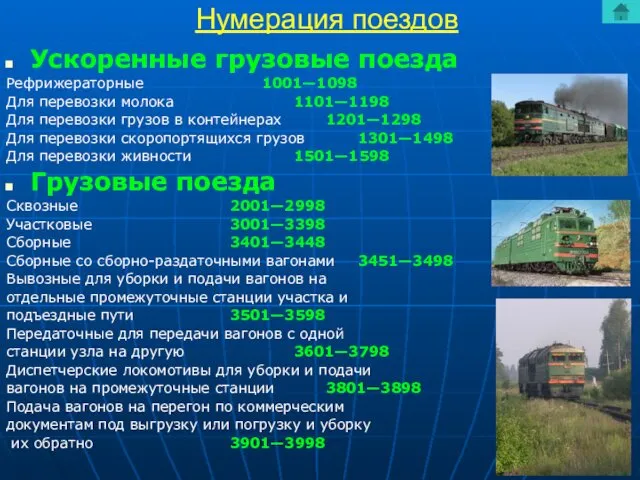 Нумерация поездов Ускоренные грузовые поезда Рефрижераторные 1001—1098 Для перевозки молока 1101—1198