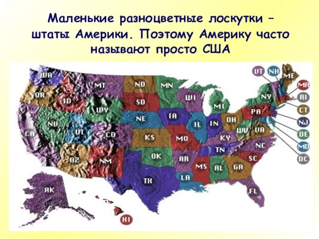 Маленькие разноцветные лоскутки – штаты Америки. Поэтому Америку часто называют просто США