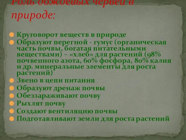 Круговорот веществ в природе Образуют перегной - гумус (органическая часть почвы,