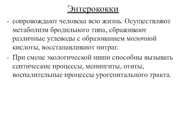 Энтерококки сопровождают человека всю жизнь. Осуществляют метаболизм бродильного типа, сбраживают различные