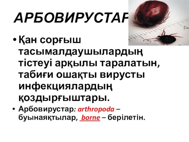 АРБОВИРУСТАР Қан сорғыш тасымалдаушылардың тістеуі арқылы таралатын, табиғи ошақты вирусты инфекциялардың