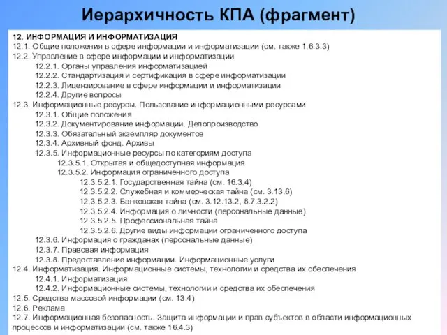 Иерархичность КПА (фрагмент) 12. ИНФОРМАЦИЯ И ИНФОРМАТИЗАЦИЯ 12.1. Общие положения в