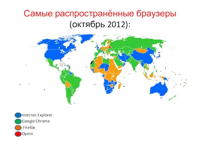 Самые распространённые браузеры (октябрь 2012): Internet Explorer Google Chrome Firefox Opera