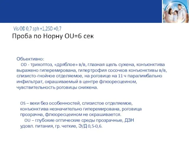 Объективно: OD - трихоптоз, «дряблое» в/в, глазная щель сужена, конъюнктива выражено