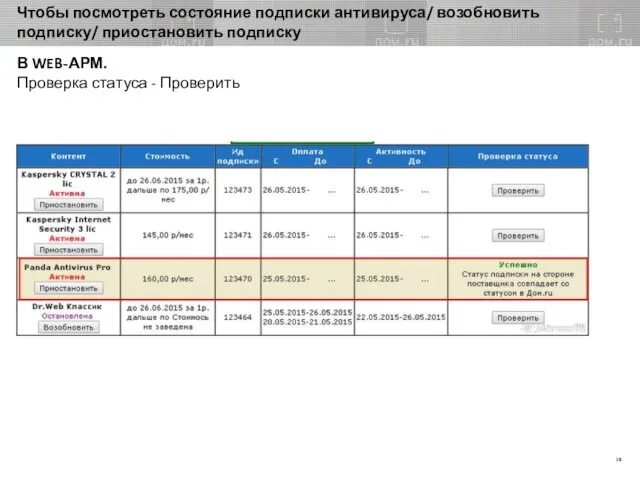 Чтобы посмотреть состояние подписки антивируса/ возобновить подписку/ приостановить подписку В WEB-АРМ. Проверка статуса - Проверить