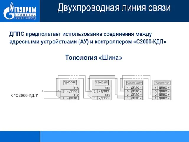 ДПЛС предполагает использование соединения между адресными устройствами (АУ) и контроллером «С2000-КДЛ» Топология «Шина» Двухпроводная линия связи