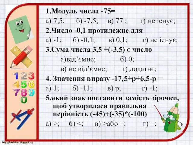 1.Модуль числа -75= а) 7,5; б) -7,5; в) 77 ; г)