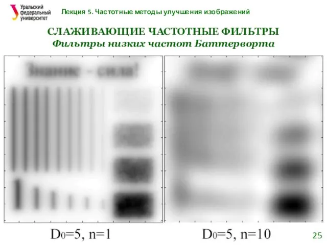 Лекция 5. Частотные методы улучшения изображений СЛАЖИВАЮЩИЕ ЧАСТОТНЫЕ ФИЛЬТРЫ Фильтры низких частот Баттерворта