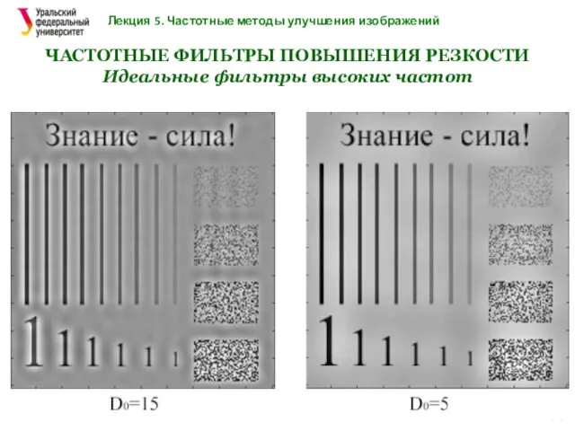 Лекция 5. Частотные методы улучшения изображений ЧАСТОТНЫЕ ФИЛЬТРЫ ПОВЫШЕНИЯ РЕЗКОСТИ Идеальные фильтры высоких частот