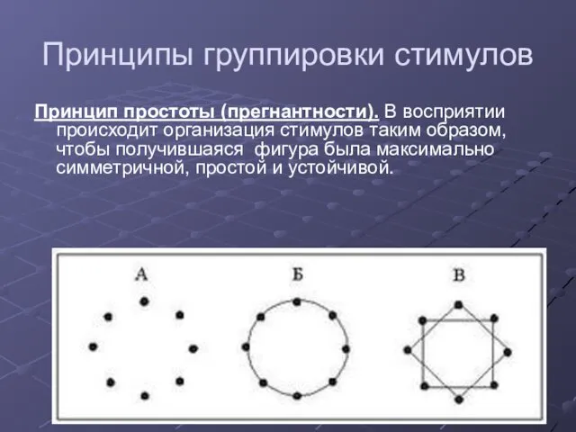 Принципы группировки стимулов Принцип простоты (прегнантности). В восприятии происходит организация стимулов