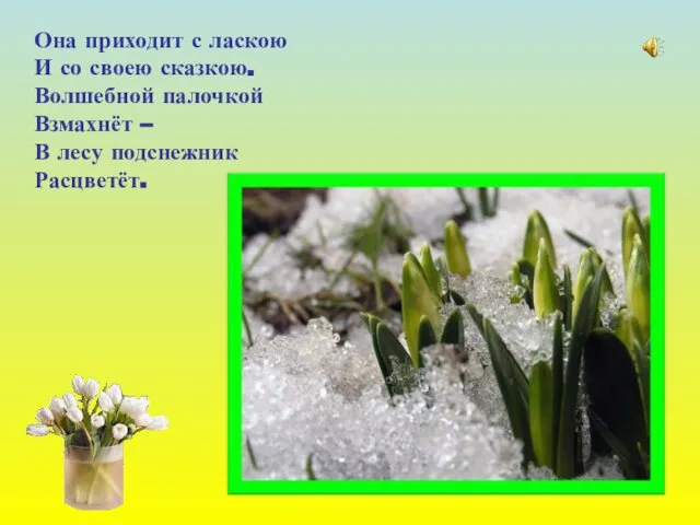 Она приходит с ласкою И со своею сказкою. Волшебной палочкой Взмахнёт – В лесу подснежник Расцветёт.