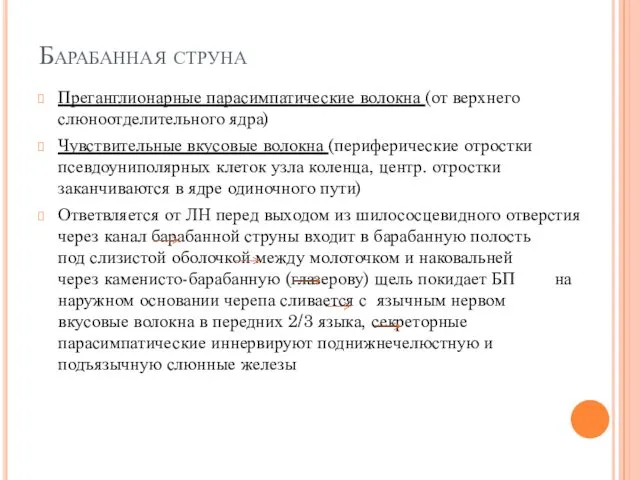 Барабанная струна Преганглионарные парасимпатические волокна (от верхнего слюноотделительного ядра) Чувствительные вкусовые