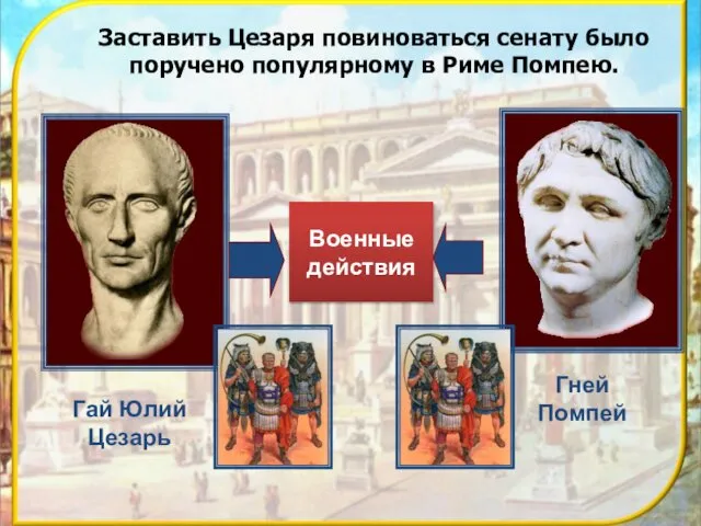 Заставить Цезаря повиноваться сенату было поручено популярному в Риме Помпею. Военные действия