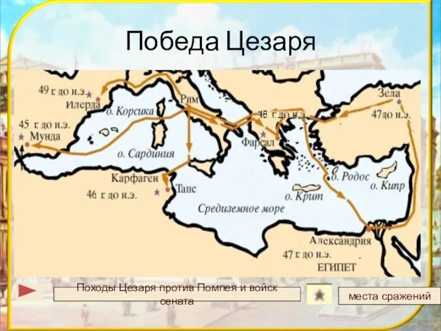 Победа Цезаря Походы Цезаря против Помпея и войск сената места сражений