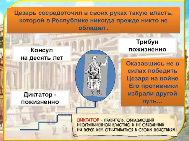 Консул на десять лет Цезарь в боях разбил войска Помпея и