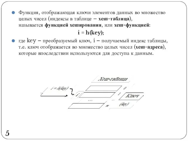 Функция, отображающая ключи элементов данных во множество целых чисел (индексы в