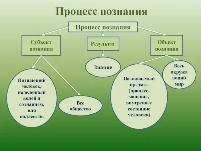 Процесс познания Процесс познания Субъект познания Результат Объект познания Познающий человек,