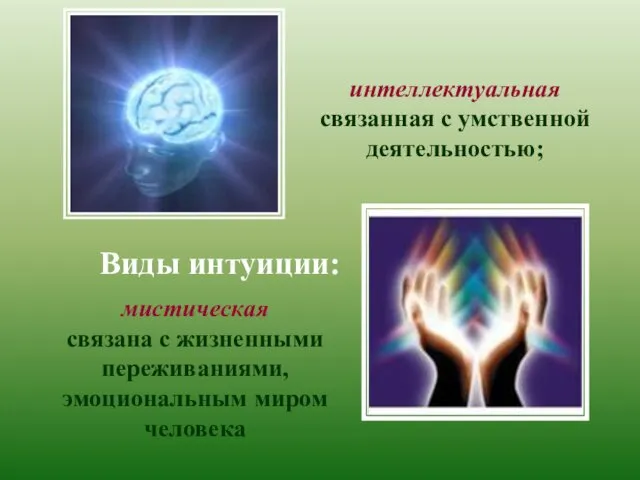 Виды интуиции: интеллектуальная связанная с умственной деятельностью; мистическая связана с жизненными переживаниями, эмоциональным миром человека