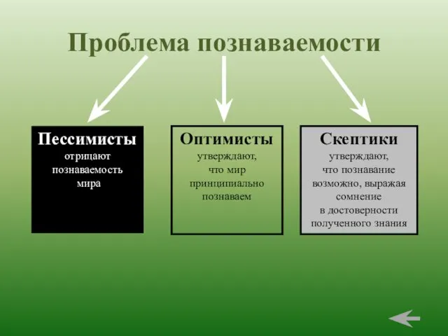 Проблема познаваемости Пессимисты отрицают познаваемость мира Оптимисты утверждают, что мир принципиально