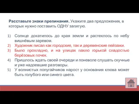 Расставьте знаки препинания. Укажите два предложения, в которых нужно поставить ОДНУ