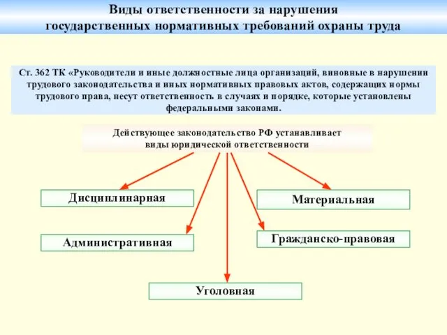 Виды ответственности за нарушения государственных нормативных требований охраны труда Действующее законодательство