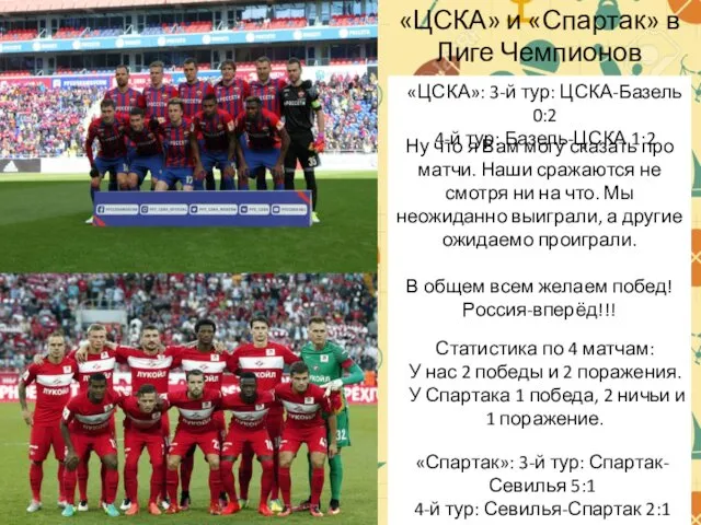 «ЦСКА» и «Спартак» в Лиге Чемпионов «ЦСКА»: 3-й тур: ЦСКА-Базель 0:2