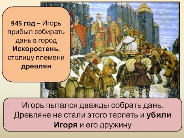 Игорь пытался дважды собрать дань. Древляне не стали этого терпеть и