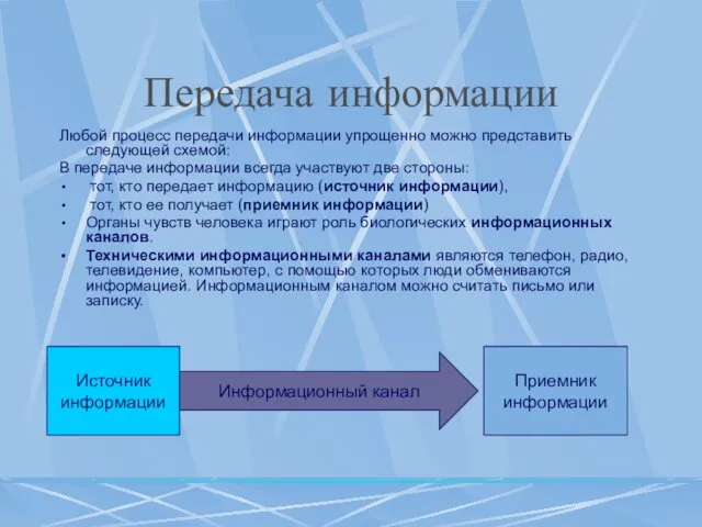 Передача информации Любой процесс передачи информации упрощенно можно представить следующей схемой: