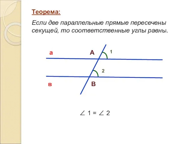 Теорема: Если две параллельные прямые пересечены секущей, то соответственные углы равны.