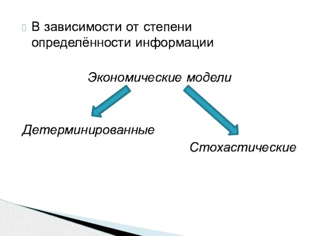 В зависимости от степени определённости информации Экономические модели Детерминированные Стохастические В