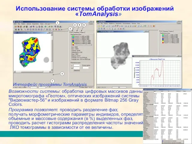 Использование системы обработки изображений «TomAnalysis» Возможности системы: обработка цифровых массивов данных