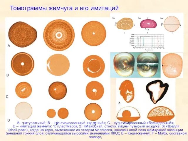 Томограммы жемчуга и его имитаций : A – натуральный; B –