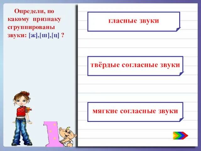 Определи, по какому признаку сгруппированы звуки: [ж],[ш],[ц] ? гласные звуки твёрдые согласные звуки мягкие согласные звуки