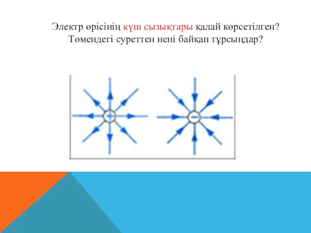 Электр өрісінің күш сызықтары қалай көрсетілген? Төмендегі суреттен нені байқап тұрсыңдар?