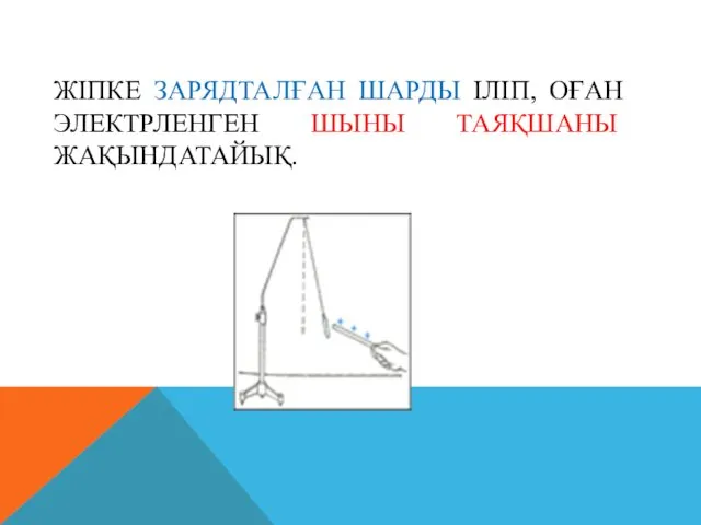 ЖIПКЕ ЗАРЯДТАЛҒАН ШАРДЫ IЛIП, ОҒАН ЭЛЕКТРЛЕНГЕН ШЫНЫ ТАЯҚШАНЫ ЖАҚЫНДАТАЙЫҚ.