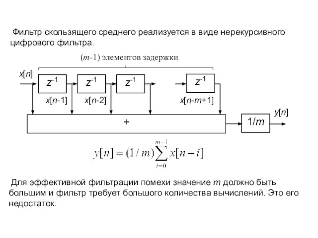 Фильтр скользящего среднего реализуется в виде нерекурсивного цифрового фильтра. Для эффективной