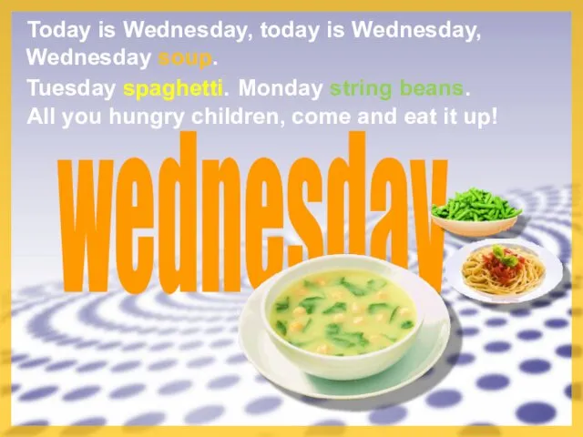 wednesday Today is Wednesday, Tuesday spaghetti. today is Wednesday, All you