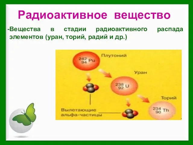 Вещества в стадии радиоактивного распада элементов (уран, торий, радий и др.) Радиоактивное вещество