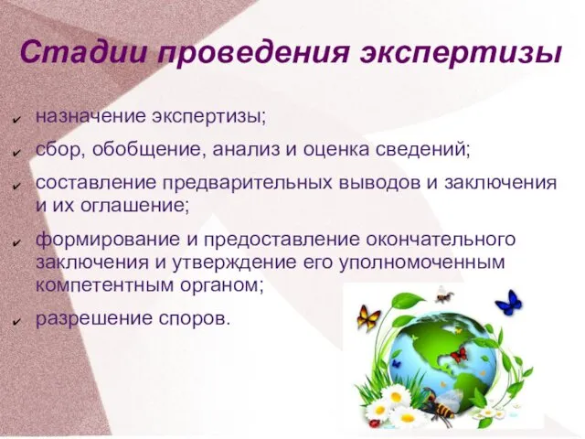 Стадии проведения экспертизы назначение экспертизы; сбор, обобщение, анализ и оценка сведений;