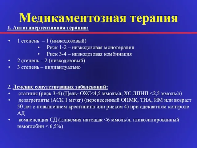 Медикаментозная терапия 1. Антигипертензивная терапия: 1 степень – 1 (низкодозовый) Риск