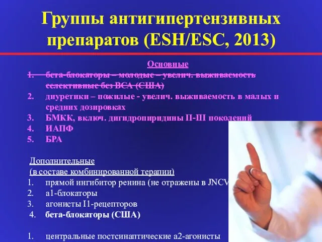 Группы антигипертензивных препаратов (ESH/ESC, 2013) Основные бета-блокаторы – молодые – увелич.