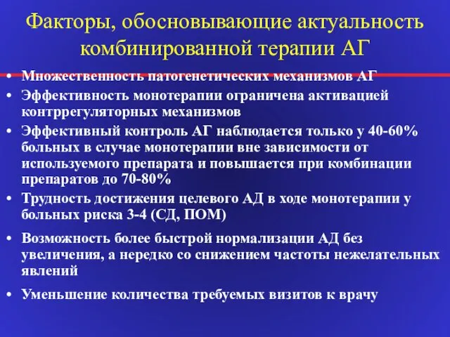 Факторы, обосновывающие актуальность комбинированной терапии АГ Множественность патогенетических механизмов АГ Эффективность